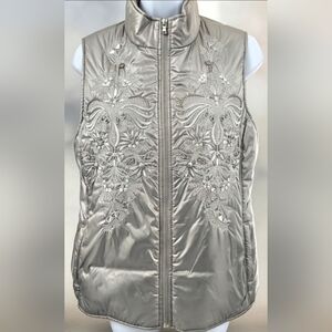 Chico's Silver Quilted Embroidered Puffer Vest